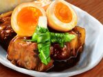  food food_focus halfboiled_egg hayaseiku meat no_humans original painttool_sai_(medium) plate pork realistic sauce simple_background still_life vegetable 