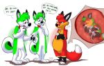  2017 ambiguous_gender amniotic_fluid anthro baby barefoot belly big_belly black_body black_fur bodily_fluids canid canine canis collar confused_look confusion dialogue dipstick_ears dipstick_tail domestic_dog fox fur genital_fluids green_body green_fur group grumpy husky male male_pregnancy mammal multicolored_ears multicolored_tail nordic_sled_dog orlandofox pregnant red_body red_collar red_fur spitz umbilical_cord uterus white_body white_fur young 