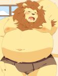  0119_muu 2021 anthro armpit_hair belly body_hair brown_body brown_fur bulge clothing eyes_closed felid fur humanoid_hands inside kemono lion male mammal moobs navel nipples overweight overweight_anthro overweight_male pantherine solo tired underwear 