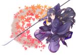  1girl absurdres animal_ears arknights black_hair brown_eyes closed_mouth dog_ears faulds fingerless_gloves gloves highres hip_vent holding holding_naginata holding_weapon infection_monitor_(arknights) japanese_clothes kimono long_hair long_sleeves naginata pants polearm purple_kimono purple_pants saga_(arknights) shao_(newton) solo weapon 