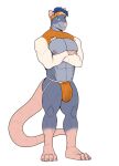  accessory anthro blue_hair bulge clothed clothing crossed_arms fur grey_body grey_fur hair headband hi_res himbo_hooters jockstrap male mammal murid murine muscular muscular_anthro muscular_male name_tag nipple_piercing nipples one-two pecs piercing purpledragonrei rat rodent skimpy smile solo standing underwear 