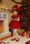  1girl alkemanubis bangs bow box brown_hair christmas_tree dress gift gift_box green_eyes hair_bow highres indoors looking_at_viewer original pantyhose red_bow red_dress short_hair smile solo standing white_legwear 