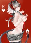  1girl akasabi arknights ass backless_outfit black_legwear commentary_request cowboy_shot heart highres horns looking_at_viewer meme_attire orange_eyes red_background short_hair silver_hair smile solo standing tail thighhighs thighs virgin_killer_sweater w_(arknights) 