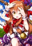  1girl blurry blurry_background blush bow bowtie chain cloud cloudy_sky commentary_request cuffs d; day fang feet_out_of_frame gourd hair_bow highres horn_ornament horn_ribbon horns ibuki_suika long_hair looking_at_viewer one_eye_closed oni_horns open_mouth orange_eyes orange_hair outdoors purple_ribbon purple_skirt red_bow red_neckwear ribbon ruu_(tksymkw) shackles shirt sidelocks skirt sky solo touhou tree white_shirt wrist_cuffs 