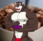  2009 black_body black_fur bowl chip_the_panther cookie_crisp countershading felid fur male mammal muscular muscular_male nipples pantherine photograph_background red_thong solo white_torso wolfoxokamichan 