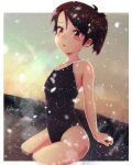 1girl bare_arms bare_shoulders black_swimsuit blush brown_eyes brown_hair collarbone highres kantai_collection one-piece_swimsuit onsen parted_lips partially_submerged ponytail shiki_no_miko shikinami_(kantai_collection) short_hair snowing solo swimsuit 