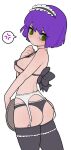 1girl anger_vein ass back_bow blush bow bra breasts closed_mouth covered_nipples cowboy_shot from_behind garter_belt green_eyes grey_bra grey_legwear grey_panties highres holding holding_tray looking_back maid maid_headdress medium_breasts medium_hair original panties purple_hair simple_background solo sparrowl spoken_anger_vein standing thighhighs tray underwear white_background 