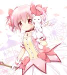  1girl bangs blush bow carousel closed_mouth commentary_request eyebrows_visible_through_hair ferris_wheel gloves hair_between_eyes hair_bow highres holding kaname_madoka kyubey looking_at_viewer magical_girl mahou_shoujo_madoka_magica nanase_miori on_shoulder pink_hair pleated_skirt puffy_short_sleeves puffy_sleeves red_bow red_eyes short_sleeves skirt smile twintails white_gloves white_skirt 