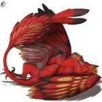  1:1 animal_genitalia avian beak claws cloaca feathered_wings feathers female feral genitals gryphon half-closed_eyes hi_res lizet looking_at_viewer lying mythological_avian mythology narrowed_eyes on_back red_body red_feathers rovoska smile solo talons teats wings 