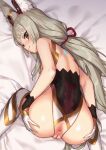  animal_ears anus ass blush brown_eyes cat_ears facial_mark fang gloves hair_ornament highleg highleg_leotard kawakami_rokkaku leotard long_hair nia_(xenoblade) pussy shiny shiny_skin silver_hair solo white_gloves xenoblade_chronicles_(series) xenoblade_chronicles_2 