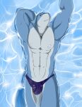  2016 abs anthro big_muscles bulge clothing colored fish geng grey_body grey_scales kaikane_(character) looking_at_viewer male marine multicolored_body muscular muscular_anthro muscular_arms muscular_male navel nipples partially_submerged pecs scales shaded shark smile solo speedo swimming swimwear teeth two_tone_body water 