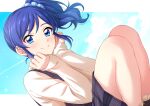  1girl absurdres aikatsu!_(series) bangs blue_eyes blue_hair blue_sky blush closed_mouth commentary_request day dress dutch_angle eyebrows_visible_through_hair feet_out_of_frame hair_ornament hair_scrunchie hands_on_own_cheeks hands_on_own_face highres kiriya_aoi long_hair long_sleeves looking_at_viewer outdoors outside_border plaid plaid_dress purple_dress scrunchie sekina side_ponytail sky sleeves_past_wrists smile solo squatting sweater swept_bangs yellow_sweater 