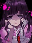  1girl apron bandaged_arm bandages bangs black_background black_hair blunt_bangs blush commentary_request danganronpa_(series) danganronpa_2:_goodbye_despair eyebrows_visible_through_hair face hair_ornament hands_in_hair hands_on_own_cheeks hands_on_own_face hands_up long_hair looking_at_viewer mole mole_under_eye open_mouth pink_blood pink_shirt puffy_short_sleeves puffy_sleeves shirt short_sleeves smile solo tsumiki_mikan upper_body white_apron yokogon 