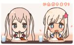  +_+ 2girls :d blonde_hair blue_eyes chibi commentary_request cup curry flower food graf_zeppelin_(kantai_collection) hair_flower hair_ornament heart kantai_collection long_hair multiple_girls open_mouth ro-500_(kantai_collection) sailor_collar school_uniform serafuku smile swimsuit tan translation_request twintails uniform upper_body yoru_nai 