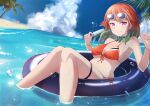  1girl ayumu_(ayumu3659) beach bikini breasts cleavage earrings eyewear_on_head feather_earrings feathers food gradient_hair green_hair hololive hololive_english innertube jewelry looking_at_viewer medium_breasts midriff multicolored_hair navel ocean open_hand orange_bikini orange_hair popsicle sitting sky smile solo sunglasses swimsuit takanashi_kiara thigh_strap virtual_youtuber 