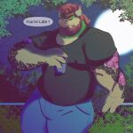 1:1 2021 anthro beard bottomwear bowser cigarette clothed clothing cup date detailed_background dialogue english_text eyebrows facial_hair fence first_person_view full_moon hair hi_res holding_object horn koopa leaf looking_at_viewer male mario_bros moon muscular muscular_anthro muscular_male night nintendo outside pants plant scalie shadowmatamori shirt shrub signature sky solo standing star starry_sky talking_to_viewer tattoo text topwear video_games 