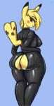  anthro big_breasts big_butt blonde_hair blue_background breasts butt female genitals hair hand_on_hip hi_res looking_back nexcoyotlgt nintendo pikachu pok&eacute;mon pok&eacute;mon_(species) pussy simple_background solo video_games yellow_body 