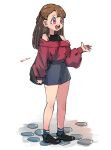  1girl alternate_costume bag bangs black_bag black_skirt braid brown_hair hair_behind_ear handbag highres i4_kan kagari_atsuko little_witch_academia long_hair off-shoulder_sweater off_shoulder open_hand open_mouth pink_eyes red_sweater skirt smile solo standing sweater twitter_username 