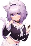  1girl ahoge animal_ears black_collar black_hairband black_serafuku cat_ears cat_tail collar commentary_request eringikinono eyebrows_visible_through_hair food hairband hand_up highres holding holding_food hololive long_sleeves midriff nekomata_okayu onigiri purple_eyes purple_hair rice sailor_collar school_uniform serafuku short_hair simple_background solo tail virtual_youtuber white_background white_neckwear white_sailor_collar 