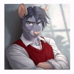  1:1 anthro blue_eyes blue_hair bust_portrait clothed clothing crossed_arms fully_clothed fur grey_body grey_fur hair hi_res looking_at_viewer male mammal murid murine one-two portrait rat rodent solo sweater sweater_vest tazyll topwear vest whiskers 