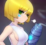  1girl =3 arm_cannon bare_shoulders blonde_hair bob_cut breasts closed_mouth copyright_request facial_mark from_side green_eyes gun looking_at_viewer looking_to_the_side medium_breasts short_hair sideboob smoke smoking_gun solo sparrowl upper_body weapon 