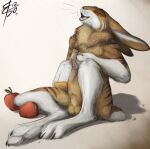  anatomically_correct anatomically_correct_genitalia animal_genitalia anthro apple attached_sheath balls bottle brown_body brown_fur cider claws eyes_closed food fruit fully_sheathed fur genitals hare hi_res lagomorph leporid lizet long_ears male mammal nude plant relaxing sheath short_tail sitting smile solo whiskers 