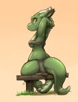  2021 anthro bench breasts clothed clothing female gradient_background grass green_body hi_res horn kobold looking_at_viewer looking_back looking_back_at_viewer louart non-mammal_breasts plant signature simple_background sitting skimpy smile solo tan_background 
