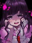  1girl apron bandaged_arm bandages bangs black_background black_hair blunt_bangs blush commentary_request danganronpa_(series) danganronpa_2:_goodbye_despair face hair_ornament hands_in_hair hands_on_own_cheeks hands_on_own_face hands_up long_hair looking_at_viewer mole mole_under_eye open_mouth pink_blood pink_shirt puffy_short_sleeves puffy_sleeves shirt short_sleeves smile solo tearing_up teeth tsumiki_mikan upper_body white_apron yokogon 