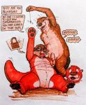  animal_genitalia anthro ball_gag clothing costume duo english_text female fursuit gag genitals handwear hi_res lock lutrine male male/male mammal mittens mustelid plushification plushsuit procyonid raccoon sheath sushiotter_(artist) teasing text 