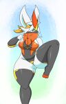  absurd_res anthro big_breasts breasts butt_from_the_front cinderace clothing face_mask female hi_res jhenightfox legwear nintendo pok&eacute;mon pok&eacute;mon_(species) raised_leg solo thigh_highs video_games wide_hips 