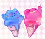  alternate_color bluumi checkered checkered_background closed_mouth commentary creature ditto english_commentary food full_body gen_1_pokemon highres ice_cream no_humans pokemon pokemon_(creature) shiny_and_normal shiny_pokemon signature smile sprinkles 