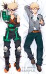  1boy bakugou_katsuki bed_sheet blonde_hair boku_no_hero_academia dakimakura_(medium) explosive fusai gloves grenade highres looking_at_viewer lying male_focus open_mouth red_eyes school_uniform short_hair smile spiked_hair teeth 