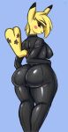  anthro big_breasts big_butt blonde_hair blue_background breasts butt female hair hand_on_hip hi_res looking_back nexcoyotlgt nintendo pikachu pok&eacute;mon pok&eacute;mon_(species) simple_background solo video_games yellow_body 