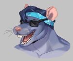  accessory anthro blue_hair buckteeth bust_portrait eyes_closed eyewear fur grey_body grey_fur hair headband male mammal murid murine one-two open_mouth portrait rat rodent smile solo sunglasses teeth thebluebear27 whiskers 