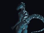  2021 4:3 biped blue_eyes bodily_fluids claws digital_media_(artwork) dinosaur dromaeosaurid female genitals hi_res kaliber looking_at_viewer marshy nude pussy reptile scalie simple_background solo theropod utahraptor velociraptor 