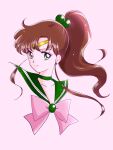  1girl bishoujo_senshi_sailor_moon brown_hair choker circlet closed_mouth collarbone cropped_torso earrings floating_hair gradient gradient_background green_choker green_eyes green_sailor_collar hair_bobbles hair_ornament high_ponytail jewelry long_hair looking_at_viewer pink_background pink_neckwear sailor_collar sailor_jupiter sailor_senshi_uniform shiny shiny_hair smile solo very_long_hair y-yazaki2406 