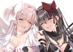  2girls :d absurdres akuma_homura arm_strap bangs black_choker black_hair blush bow breasts choker cleavage closed_eyes collarbone eyebrows_visible_through_hair facing_viewer hair_between_eyes hair_bow hairband highres long_hair mahou_shoujo_madoka_magica medium_breasts misteor multiple_girls open_mouth pink_hair red_bow red_hairband shiny shiny_hair short_sleeves sideboob simple_background smile strapless two_side_up ultimate_madoka upper_body white_background white_bow white_choker 