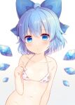  1girl :o ahoge animal_print bangs bare_shoulders bikini blue_bow blue_eyes blue_hair blush bow breasts cirno collarbone commentary_request cow_print eyebrows_visible_through_hair ice ice_wings looking_at_viewer navel pjrmhm_coa short_hair simple_background small_breasts solo swimsuit touhou upper_body white_background wings 