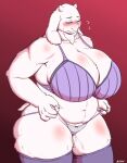  anthro big_breasts blush bodily_fluids boss_monster bovid bow_panties bra breasts caprine cleavage clothed clothing female genital_fluids hi_res huge_breasts mammal mature_female mitabi overweight overweight_anthro overweight_female panties purple_bra purple_clothing purple_panties purple_thigh_highs purple_underwear pussy_juice red_background simple_background slightly_chubby solo string_panties toriel undertale underwear video_games 