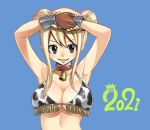  1girl 2021 armpits arms_up bangs bell bell_collar bikini bikini_top blonde_hair blue_background breasts brown_eyes brown_gloves cleavage collar collarbone double_bun fairy_tail fingerless_gloves gloves grin hair_between_eyes large_breasts looking_at_viewer lucy_heartfilia mashima_hiro medium_breasts official_art shiny shiny_hair short_hair_with_long_locks sidelocks simple_background smile solo swimsuit underboob upper_body 