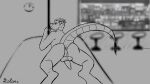  16:9 anthro anus balls black_and_white butt clock digital_drawing_(artwork) digital_media_(artwork) dragon erection genitals hair hi_res horn koloni looking_at_viewer male monochrome nude penis pole raised_tail scalie signature simple_background sketch smile solo stage stripper stripper_pole tail_tuft tuft western_dragon widescreen 