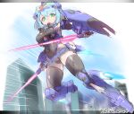  1girl beam_saber blue_destiny_02 blue_hair breasts covered_navel dual_wielding floating green_eyes gundam gundam_side_story:_the_blue_destiny holding holding_sword holding_weapon leotard looking_down mecha_musume medium_breasts personification shield short_hair skin_tight solo sword thighhighs v-fin v-shaped_eyebrows weapon yazawa_owl 