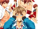 2boys ;p ass basketball_jersey basketball_uniform blush boxer_briefs breasts brown_eyes brown_hair ensemble_stars! hair_between_eyes hands_on_own_head highres kei1_833 male_focus male_underwear morisawa_chiaki multiple_boys navel nipples one_eye_closed open_clothes open_shirt seductive_smile simple_background smile sportswear star-shaped_pupils star_(symbol) stupid_sexy symbol-shaped_pupils takamine_midori tears tongue tongue_out underwear white_background yaoi 