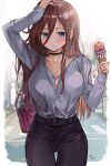  1girl alternate_costume artist_name bag bangs black_choker black_pants blue_eyes blush breasts brown_hair casual choker closed_mouth collarbone cowboy_shot crosswalk food food_on_clothes go-toubun_no_hanayome grey_shirt hair_between_eyes handbag highres holding holding_food ice_cream ice_cream_cone large_breasts long_sleeves looking_away looking_down low_neckline nakano_miku outdoors pants road saya_(mychristian2) scratching_head shirt shoulder_bag signature solo street thigh_gap town 