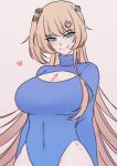  1girl absurdres android bangs blonde_hair blue_eyes breasts cleavage cleavage_cutout clothing_cutout hair_ornament highres hime_hajime large_breasts leotard long_hair long_sleeves mamaprofennn pink_background power_symbol screw_in_head signature smile solo very_long_hair virtual_youtuber vshojo 