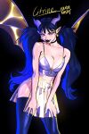 1girl black_background black_hair black_legwear blue_horns breasts character_name citrine_(manda_schank) cleavage demon_girl earrings highres horns jewelry large_breasts long_hair manda_schank original pointy_ears signature simple_background solo succubus thighhighs twintails very_long_hair wings yellow_nails 