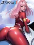  1girl absurdres arched_back blue_eyes cloud darling_in_the_franxx highres horns kidmo long_hair looking_back parted_lips pink_hair skin_tight sky smile solo spread_legs zero_two_(darling_in_the_franxx) 