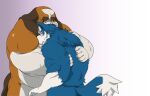  00murice 2010 anthro blue_body blue_fur blush bodily_fluids brown_body brown_fur canid canine canis domestic_dog duo fur hug kemono male mammal overweight overweight_male sweat white_body white_fur 