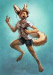  2018 anthro biped black_nose bottomwear canid canine cellphone clothing eyes_closed fangs female fennec fox fur headphones holding_cellphone holding_object holding_phone inner_ear_fluff kippycube mammal markings open_mouth open_smile phone shirt shorts signature smile solo tan_body tan_fur teeth tongue topwear tuft whiskers white_clothing white_shirt white_topwear 