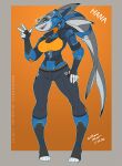  big_breasts breasts cleavage clothed clothing female feral fish gesture hi_res machine marine orange_background robot shark simple_background v_sign wmdiscovery93 